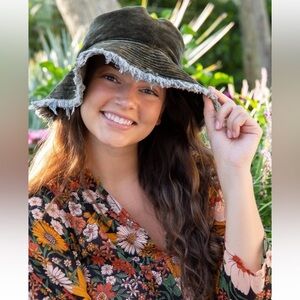 NATURAL LIFE Dark Green Velvet corduroy Frayed Edge Bucket Hat one size